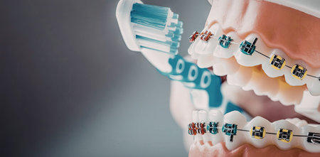 Electric toothbrush cleaning a dental model with orthodontic braces demonstrating proper oral...