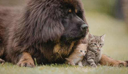 Heartwarming scene of dog and kittens snuggling together on grass