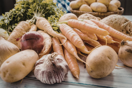 Fresh carrots, potatoes, parsley, and garlic bulbs are artfully arranged on a rustic wooden table,...