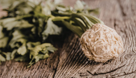 Fresh celery root with green leaves on a wooden surface showcasing healthy ingredients for cooking...