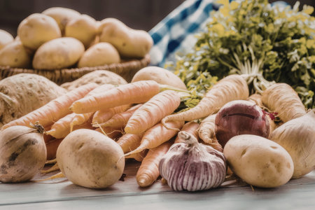 Fresh carrots, potatoes, parsley, garlic, and onion are arranged on a wooden table with a blue...