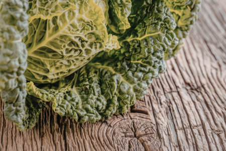 Fresh savoy cabbage leaves displayed on a rustic wooden surface showcasing their vibrant green color...