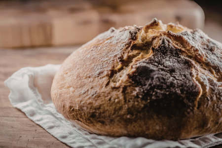 Freshly baked loaf of artisanal bread sits on a rustic wooden table with a white cloth underneath...
