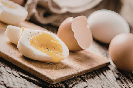 Boiled egg halved on a wooden cutting board surrounded by whole and cracked eggs on a rustic wooden...