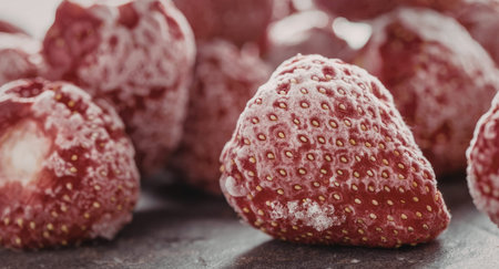 Frozen strawberries coated in ice crystals are displayed on a dark surface, showcasing their...