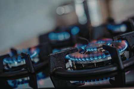 Gas stove burners lit with blue flames indicating efficient combustion and heat control in a modern...