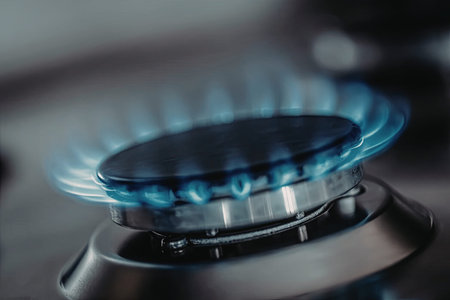 Close-up of gas stove burner with blue flames on kitchen stovetop, perfect for cooking and culinary...
