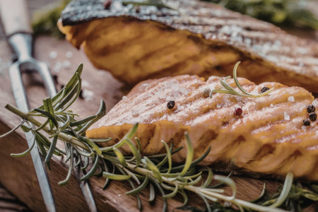 Grilled salmon fillet seasoned with salt and pepper is served on a wooden board with a sprig of...