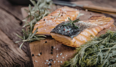Grilled salmon fillets are seasoned with salt, pepper, and fresh herbs like rosemary and dill on a...