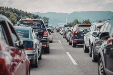 Cars move slowly on a busy highway surrounded by mountains on a cloudy day with heavy traffic...