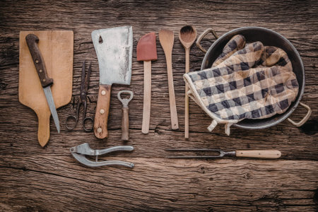 Kitchen utensils including a meat cleaver, scissors, bottle opener, and barbecue gloves are neatly...