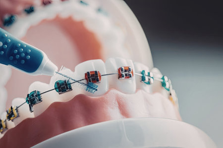 Orthodontic model with dental braces has fluoride applied to it using a specialized tool,...