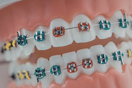 Colorful orthodontic braces are attached to a dental model's teeth demonstrating teeth alignment and...