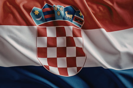 Official flag of Croatia features a red and white checkered shield with a blue crest adorned with various national symbols and emblems, representing the country's rich culture and heritage.の写真素材