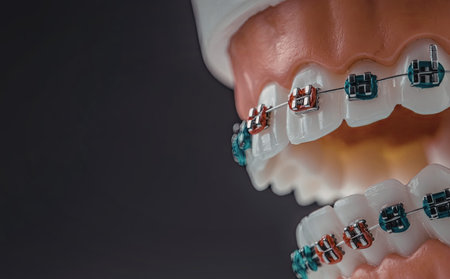 Orthodontic dental model displays teeth fitted with colorful braces, illustrating orthodontic...