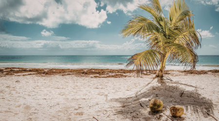 Palm tree stands alone on a sandy beach littered with coconuts, overlooking the calm ocean waters...