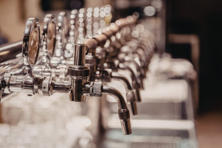 Shiny row of beer taps with metallic finish in a modern bar or pub setting, ready for dispensing...