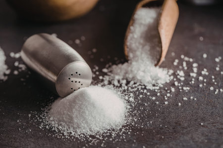 Salt spills from a metal shaker and wooden spoon onto a dark textured surface creating a scattered pile of white crystals.の写真素材