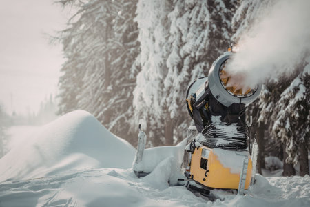 Snowmaking machine produces artificial snow in a snowy forest, creating a winter wonderland scene...