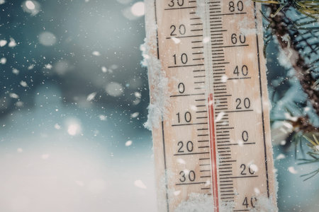 Snow-covered wooden thermometer displays subzero temperature on a cold winter day as snowflakes fall around it, indicating freezing weather conditions.の写真素材