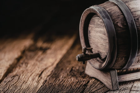 Wooden whiskey barrel with a spigot rests on a rustic wooden table against a dark background...