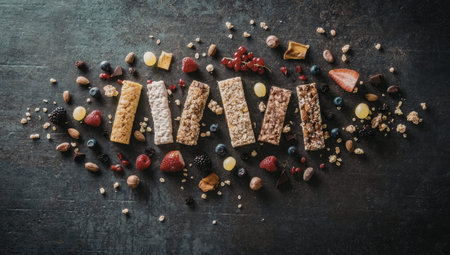 Assorted granola bars surrounded by fresh fruits, nuts, and chocolate on a dark slate background,...