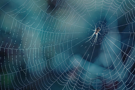 Spider sits in the center of its intricate web adorned with sparkling dew drops on a blurred blue...