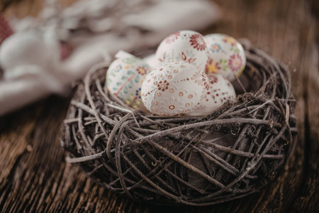 Beautifully decorated white easter eggs with floral designs are nestled in a twig nest on a dark...