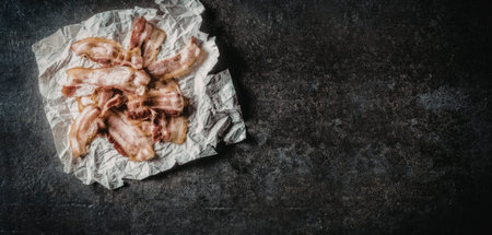 Crispy cooked bacon strips are arranged on crumpled paper on a dark surface with empty space on the...