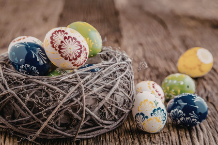 Colorful decorated easter eggs nestled in a brown nest on a wooden surface symbolizing easter...