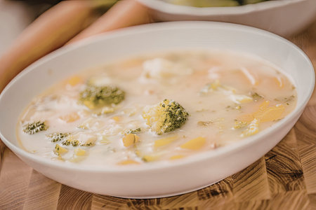 Creamy broccoli and carrot soup served in a white bowl on a wooden table with fresh vegetables...