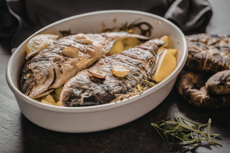 Baked fish with lemon slices and herbs in a white ceramic dish surrounded by fresh rosemary on a...