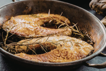 Baked salmon fillets garnished with fresh rosemary and spices in a rustic metal pan on a dark...