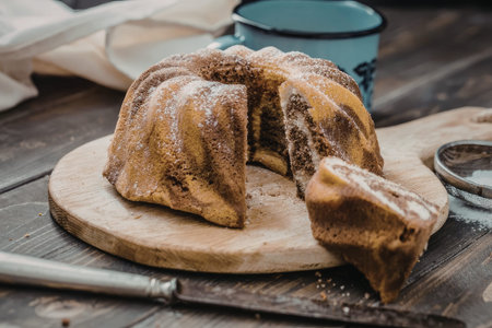Delicious bundt cake with chocolate filling is sliced and served on a wooden board with a knife and...