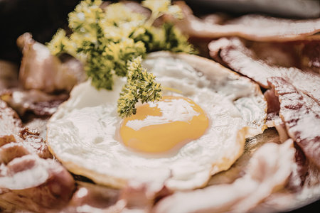 Fried egg with runny yolk surrounded by crispy bacon and garnished with fresh parsley on a plate.