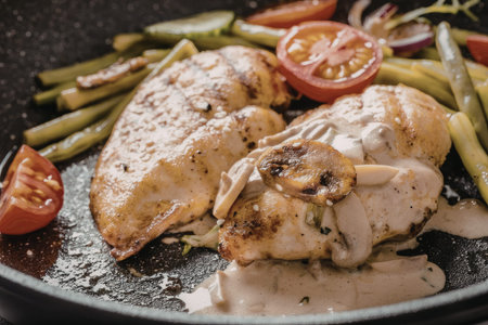 Grilled chicken breasts smothered in a rich mushroom sauce served with asparagus and cherry tomatoes on a dark pan, creating a mouthwatering culinary delight.の写真素材