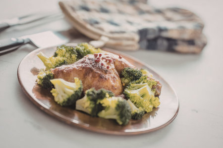 Grilled chicken breast is served with steamed broccoli florets on a brown plate, creating a nutritious and appetizing meal perfect for a healthy dinner.の写真素材