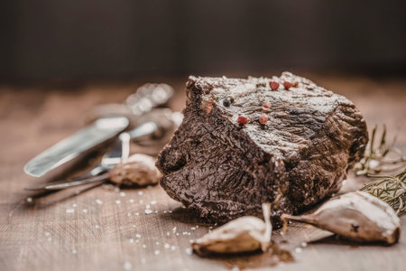 Grilled steak seasoned with peppercorns and rosemary served with garlic cloves on a wooden table accompanied by utensils creating a savory culinary experience.の写真素材