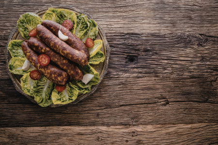 Grilled sausages served on a bed of fresh green lettuce with sliced cherry tomatoes on a rustic wooden table.の写真素材