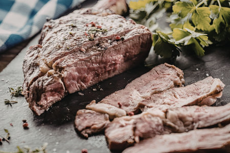 Sliced grilled steak on a black cutting board surrounded by fresh herbs and spices creating an...
