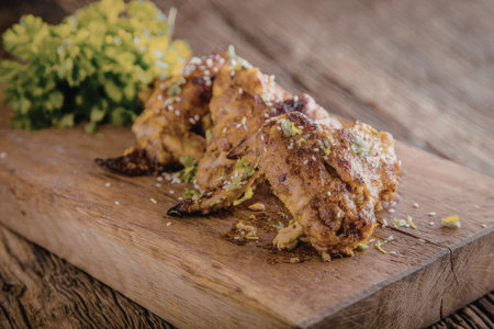 Grilled chicken wings on a wooden cutting board garnished with fresh herbs and sesame seeds creating...