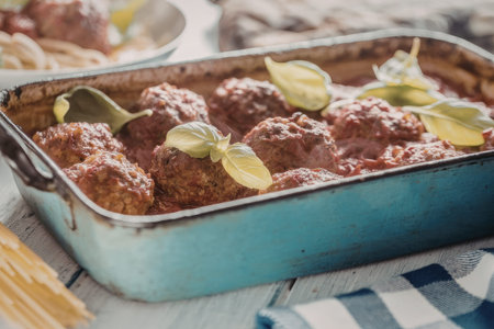 Meatballs smothered in rich tomato sauce and garnished with fresh basil leaves in a blue baking dish...