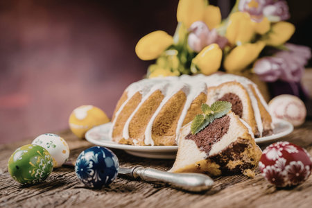Marble cake with chocolate center and icing on a wooden table surrounded by easter eggs and flowers...