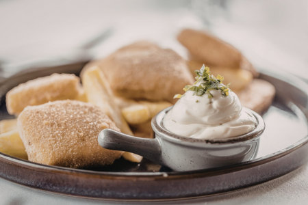 Crispy fish and chips served on a plate with a side of creamy tartar sauce and golden fried...