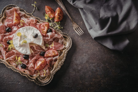 Prosciutto and brie cheese platter topped with tomatoes and olives served on an ornate metal serving...