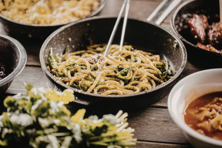 Delicious pasta dish with pesto sauce and vegetables served in a cast iron pan on a rustic wooden...