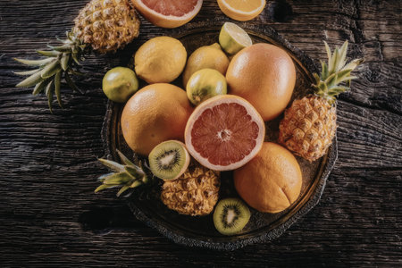 Assorted citrus and tropical fruits including oranges, pineapple, kiwi, and grapefruit arranged on a...