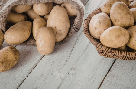 Fresh potatoes spill from burlap sack onto white wooden table beside wicker basket overflowing with potatoes symbolizing harvest abundance and organic produce.の写真素材