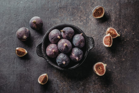 Fresh purple figs are arranged in a small cast iron skillet on a rustic table surrounded by sliced figs.の写真素材