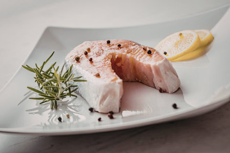 Fresh salmon fillet served with lemon slices and rosemary on a white plate garnished with...